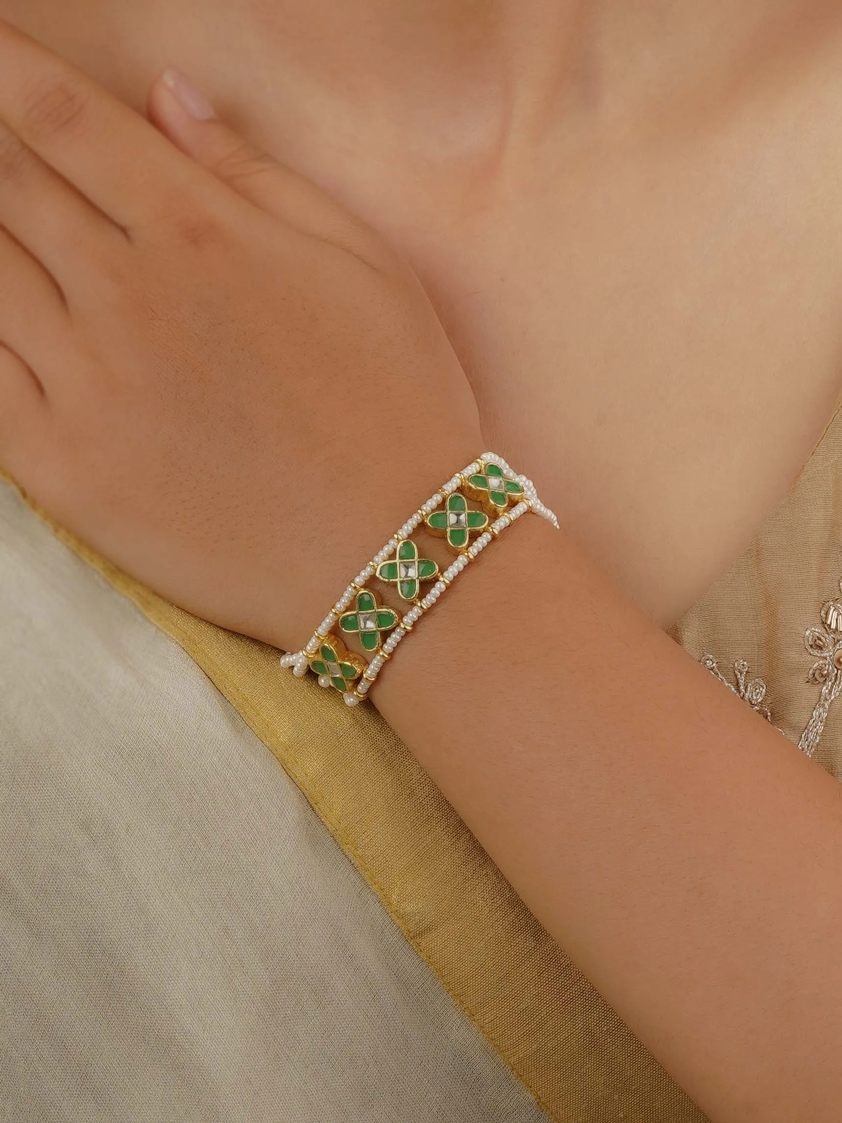 Green Color Gold Plated Jadau Kundan Bracelet - MHP111YGR