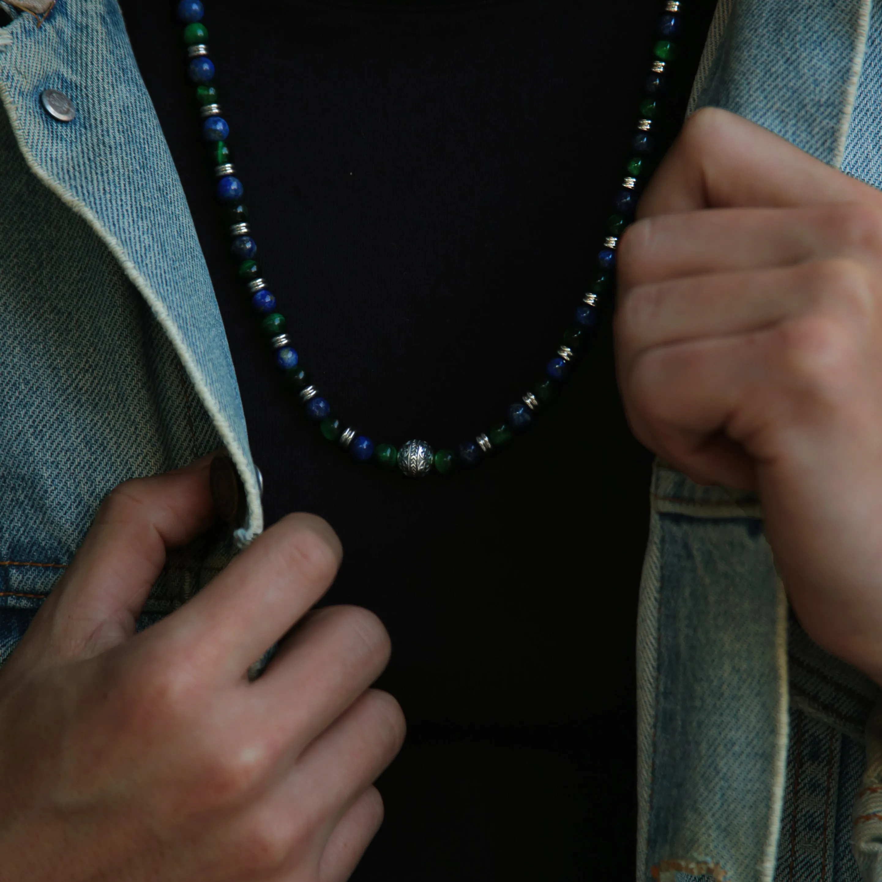 Green Tiger Eye, Lapis Lazuli Mixed Crystals Necklace