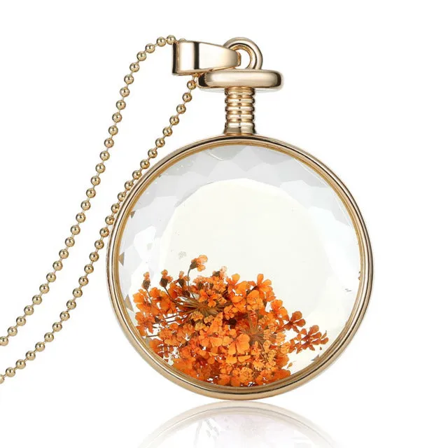 LIEBE ENGEL Women Jewelry Collares Dried Flowers Glass Necklace&Pendant Gold Vintage Long Chain Necklace Summer Fine Jewelry