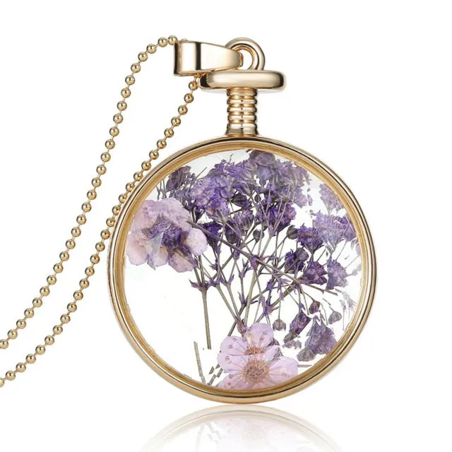 LIEBE ENGEL Women Jewelry Collares Dried Flowers Glass Necklace&Pendant Gold Vintage Long Chain Necklace Summer Fine Jewelry