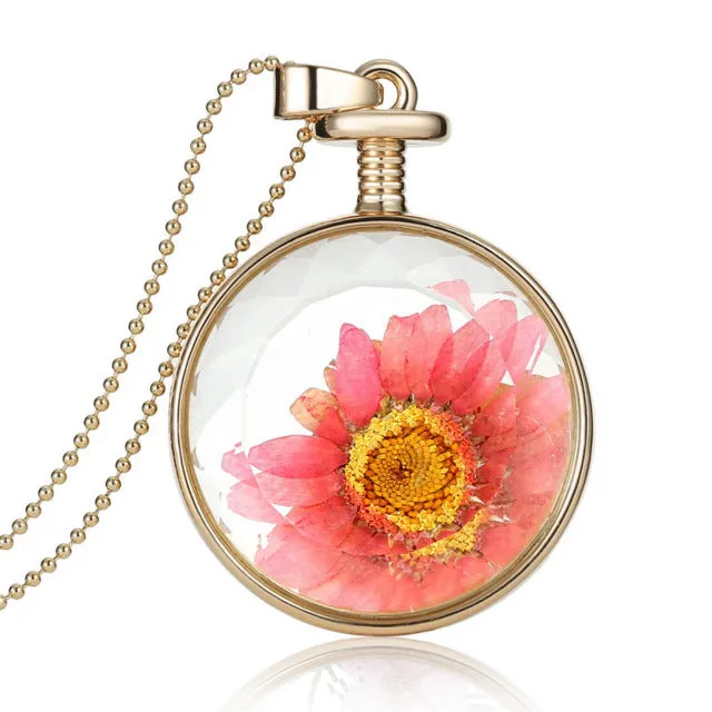 LIEBE ENGEL Women Jewelry Collares Dried Flowers Glass Necklace&Pendant Gold Vintage Long Chain Necklace Summer Fine Jewelry