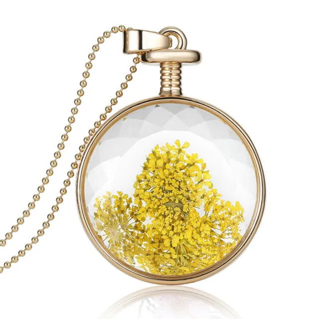 LIEBE ENGEL Women Jewelry Collares Dried Flowers Glass Necklace&Pendant Gold Vintage Long Chain Necklace Summer Fine Jewelry