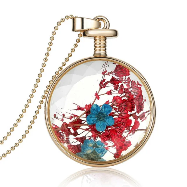 LIEBE ENGEL Women Jewelry Collares Dried Flowers Glass Necklace&Pendant Gold Vintage Long Chain Necklace Summer Fine Jewelry