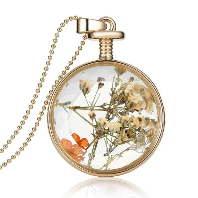 LIEBE ENGEL Women Jewelry Collares Dried Flowers Glass Necklace&Pendant Gold Vintage Long Chain Necklace Summer Fine Jewelry