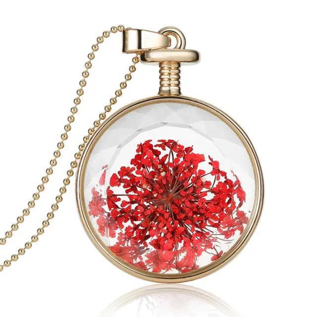 LIEBE ENGEL Women Jewelry Collares Dried Flowers Glass Necklace&Pendant Gold Vintage Long Chain Necklace Summer Fine Jewelry