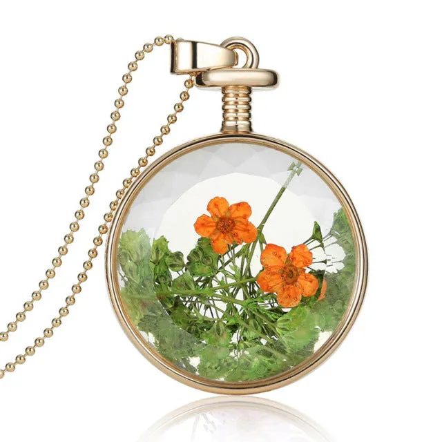LIEBE ENGEL Women Jewelry Collares Dried Flowers Glass Necklace&Pendant Gold Vintage Long Chain Necklace Summer Fine Jewelry