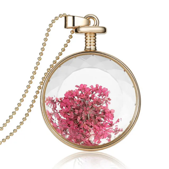 LIEBE ENGEL Women Jewelry Collares Dried Flowers Glass Necklace&Pendant Gold Vintage Long Chain Necklace Summer Fine Jewelry
