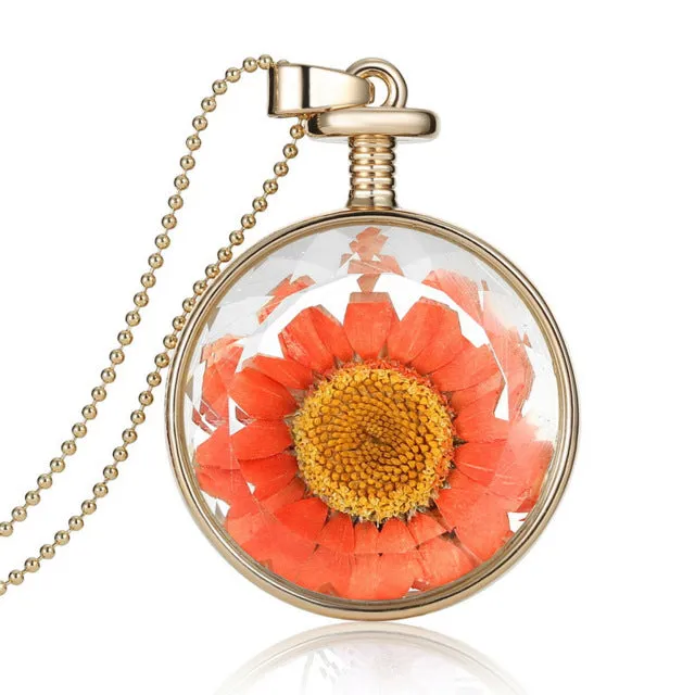 LIEBE ENGEL Women Jewelry Collares Dried Flowers Glass Necklace&Pendant Gold Vintage Long Chain Necklace Summer Fine Jewelry