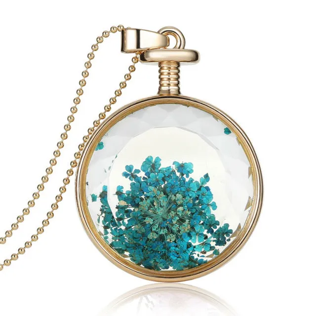 LIEBE ENGEL Women Jewelry Collares Dried Flowers Glass Necklace&Pendant Gold Vintage Long Chain Necklace Summer Fine Jewelry