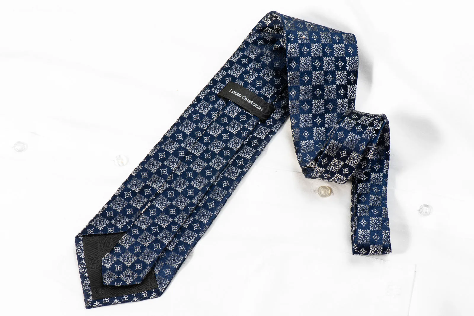 Louis Quatorze Men's Silk Tie Silver Cartouche On Blue With Silver Sparkles