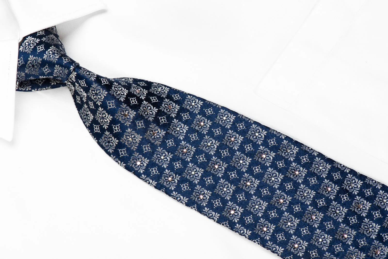 Louis Quatorze Men's Silk Tie Silver Cartouche On Blue With Silver Sparkles