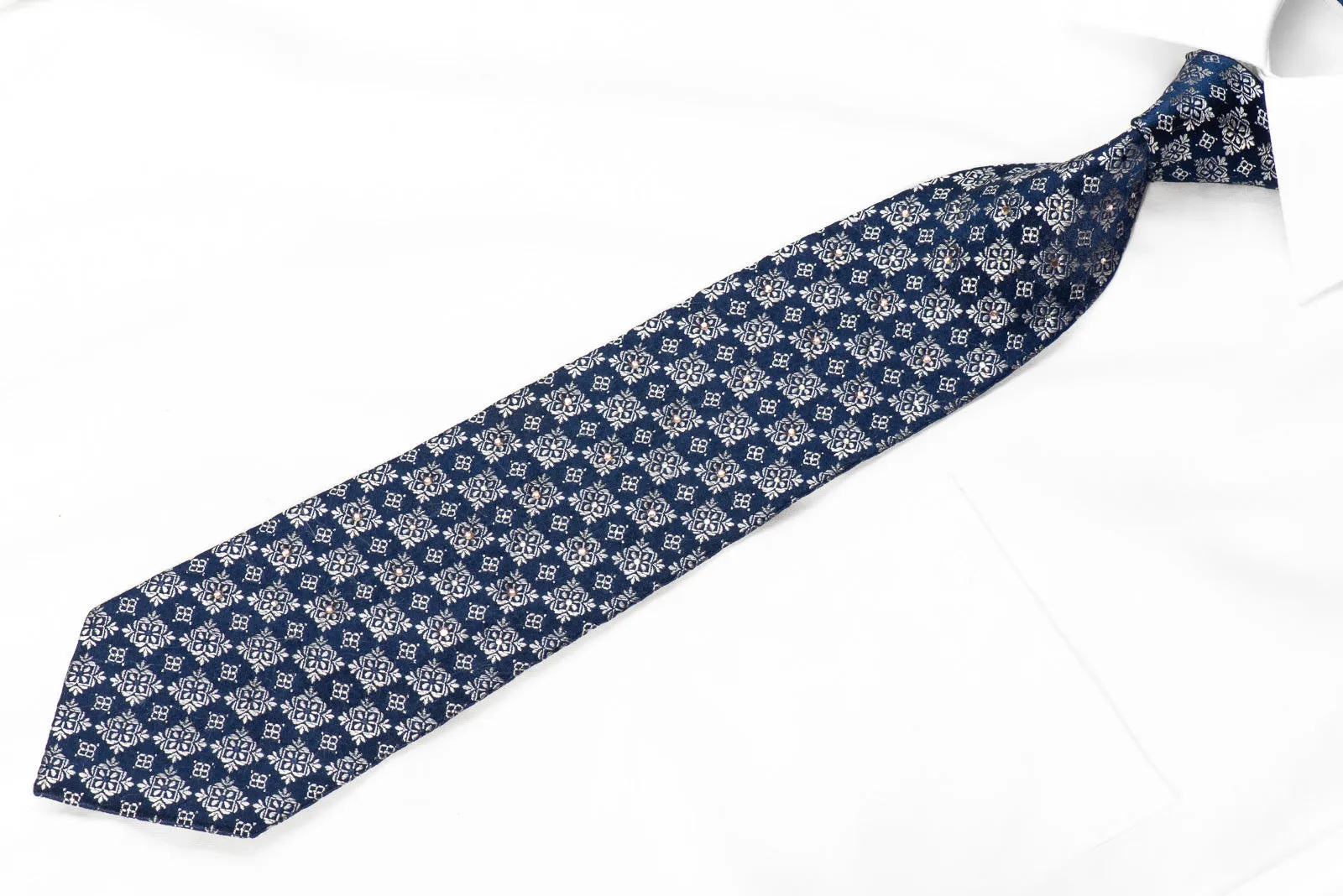 Louis Quatorze Men's Silk Tie Silver Cartouche On Blue With Silver Sparkles