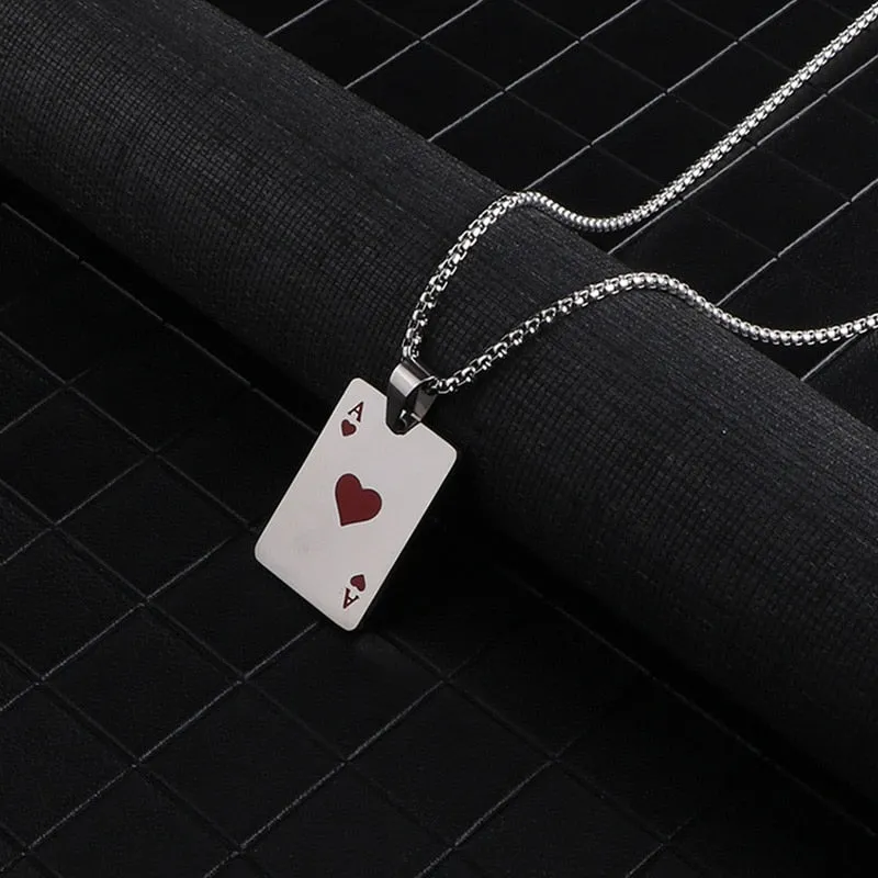 Men Statement Poker Lucky Ace of Spades Pendant Necklace Red Black Silver Color Stainless Steel Long Chain Necklaces Jewelry