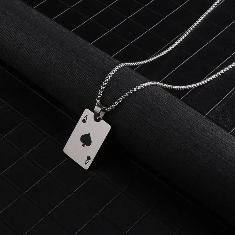 Men Statement Poker Lucky Ace of Spades Pendant Necklace Red Black Silver Color Stainless Steel Long Chain Necklaces Jewelry