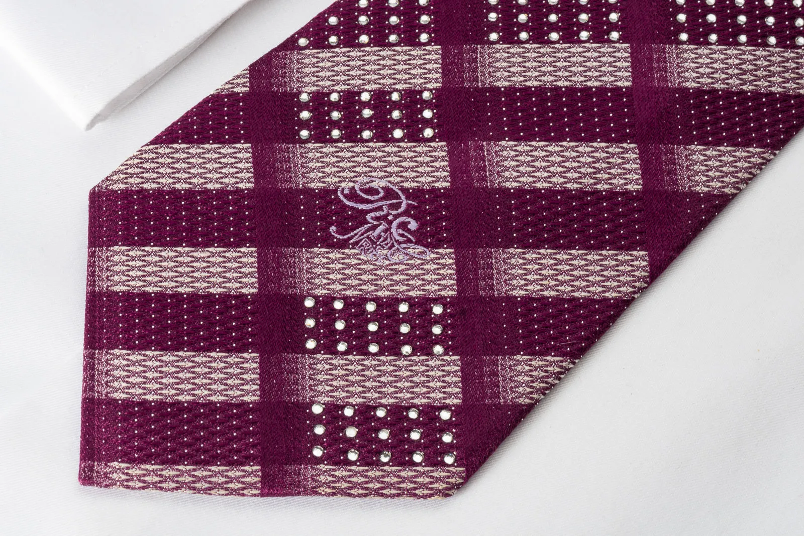 Nina Ricci Silk Rhinestone Tie Purple Silver Striped With Silver Sparkles