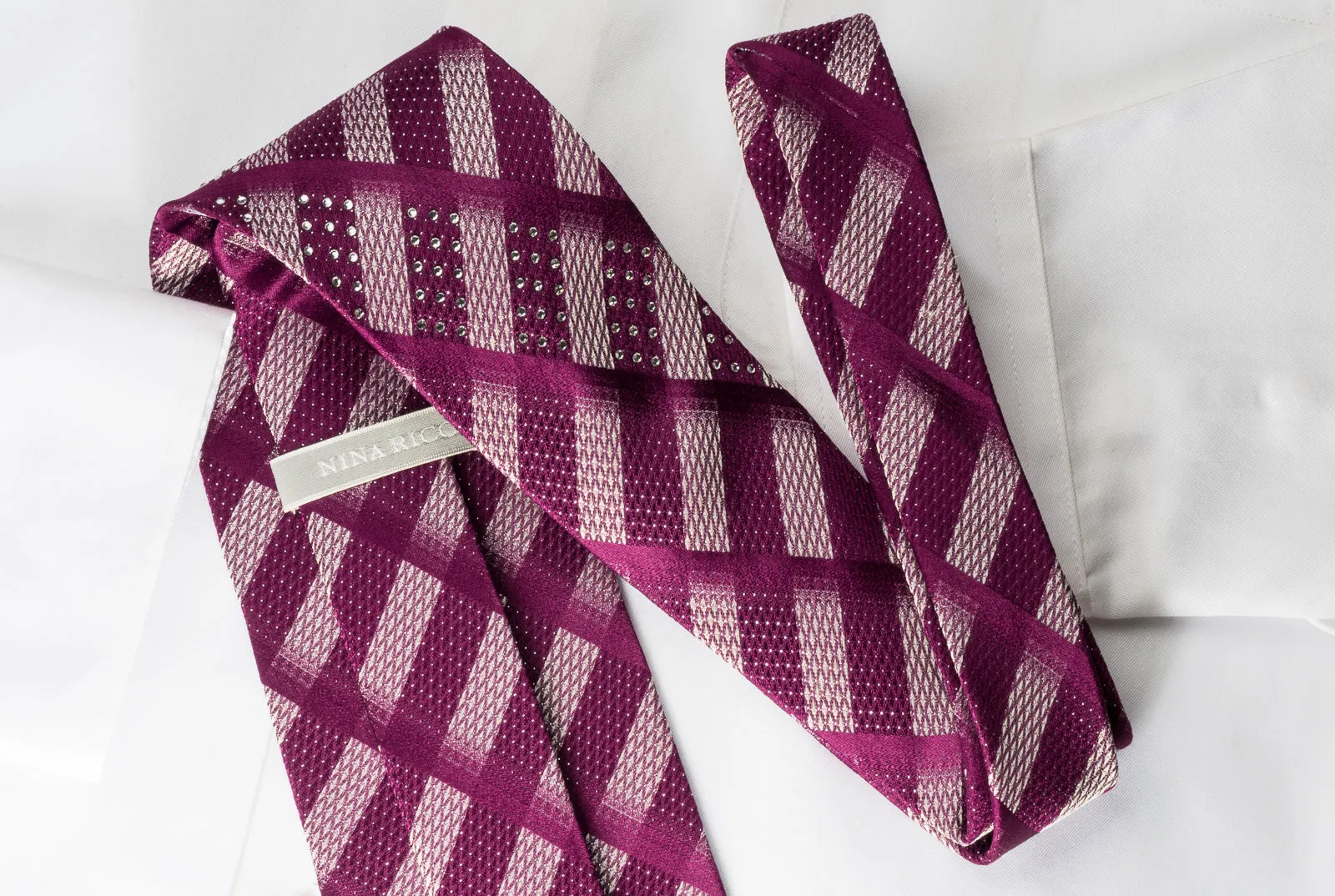 Nina Ricci Silk Rhinestone Tie Purple Silver Striped With Silver Sparkles