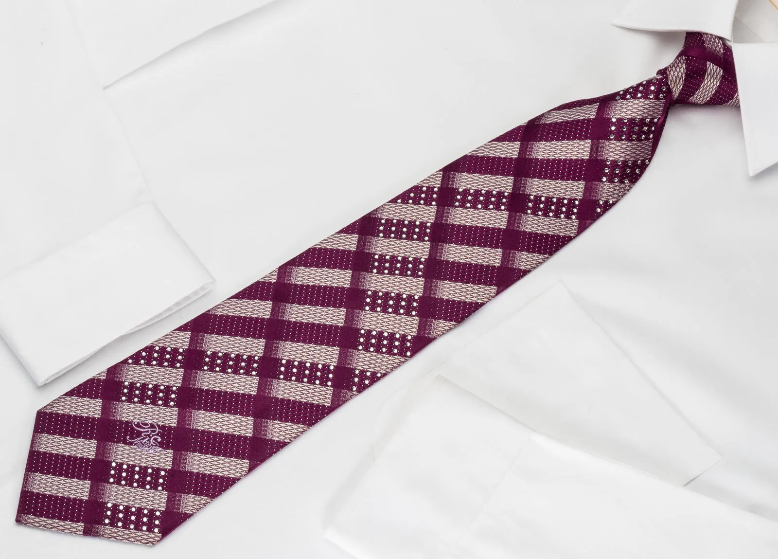 Nina Ricci Silk Rhinestone Tie Purple Silver Striped With Silver Sparkles