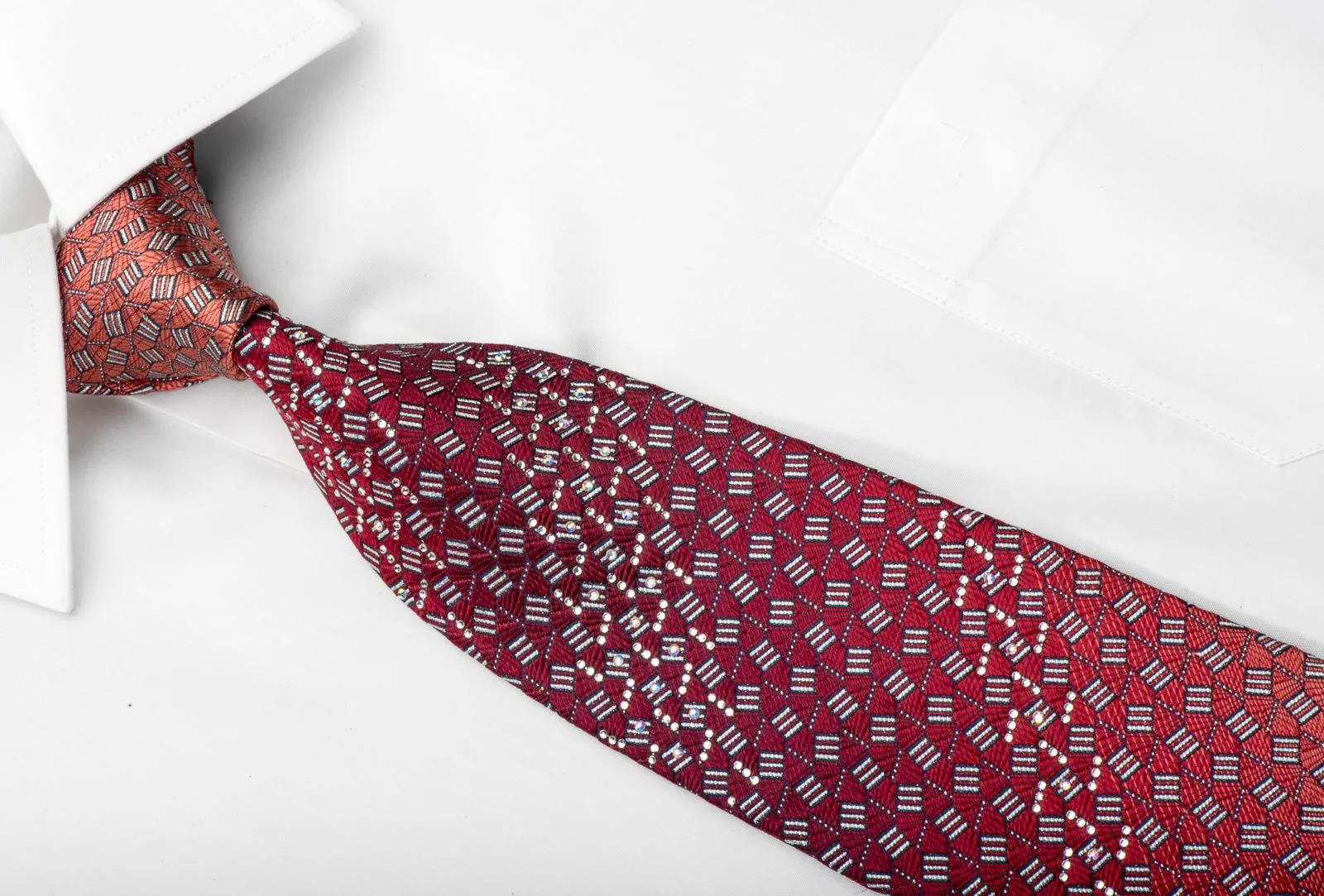 Pierre Cardin Men's Silk Rhinestone Tie Geometric On Burgundy With Silver Sparkles