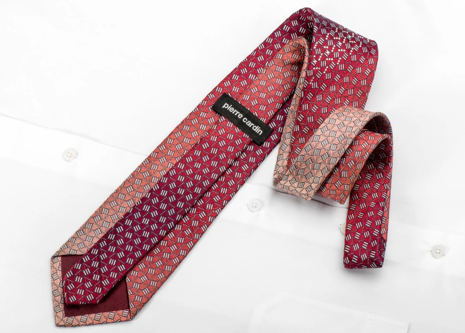 Pierre Cardin Men's Silk Rhinestone Tie Geometric On Burgundy With Silver Sparkles