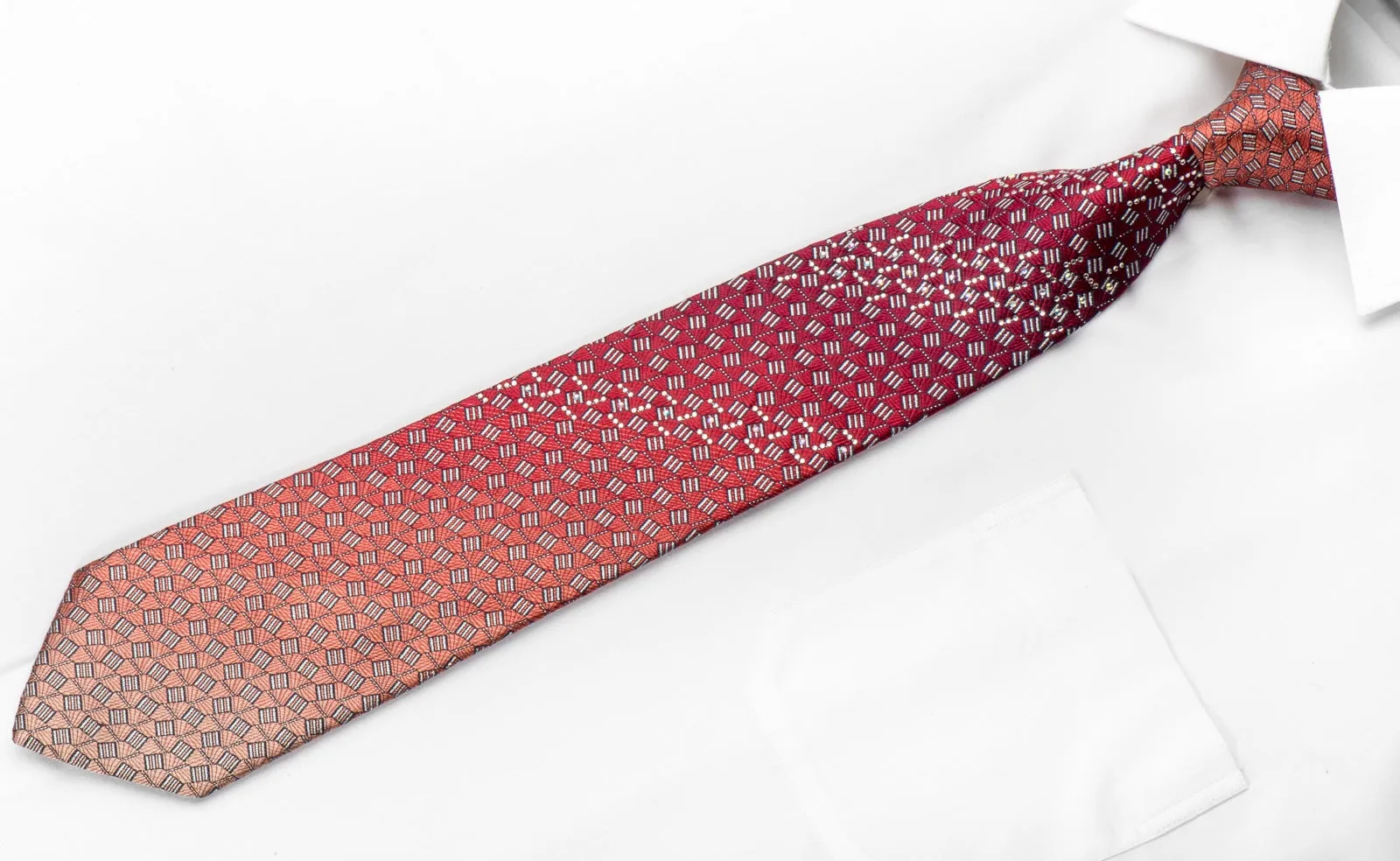 Pierre Cardin Men's Silk Rhinestone Tie Geometric On Burgundy With Silver Sparkles