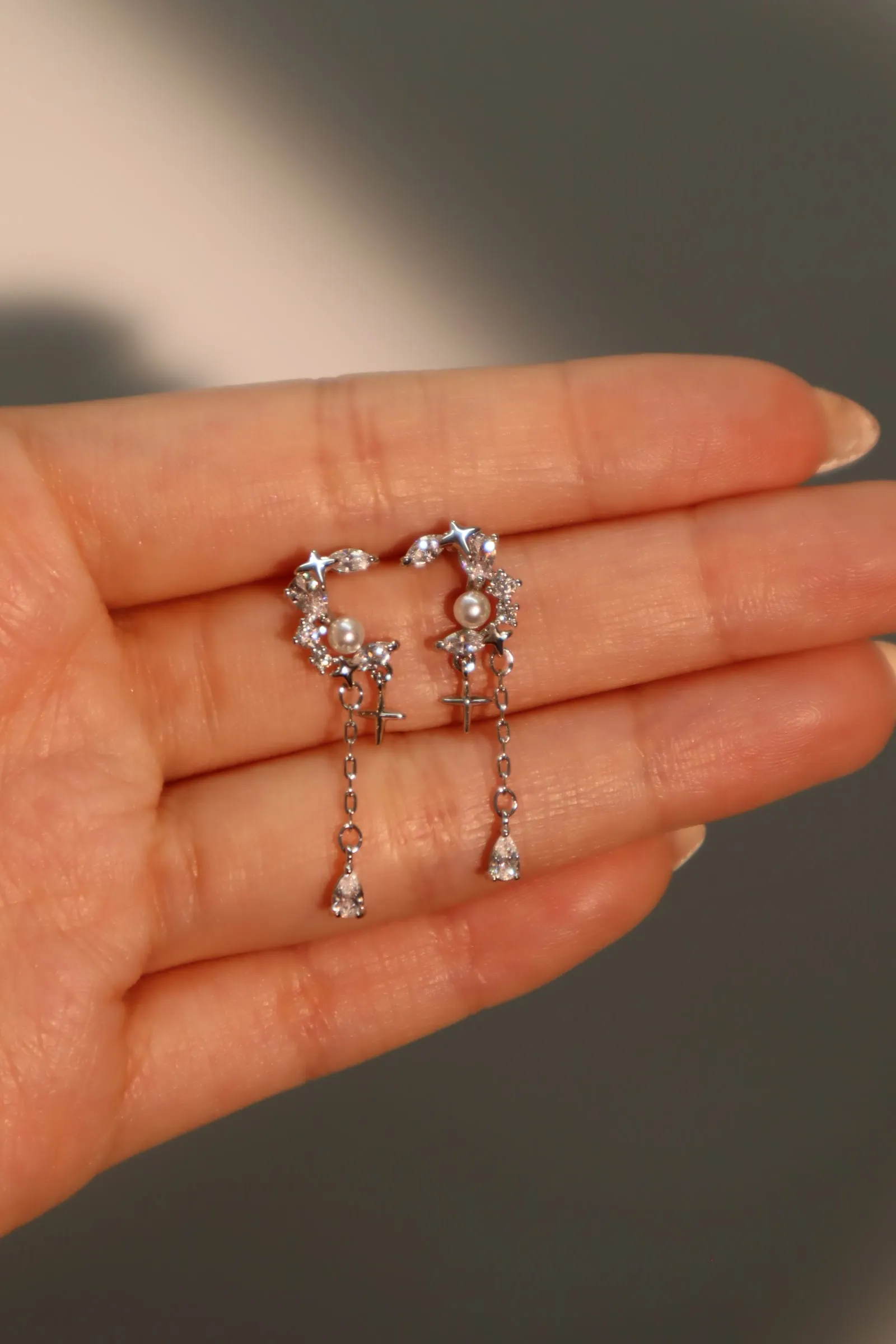 Platinum Plated Diamond Pearl Moon Star Earrings