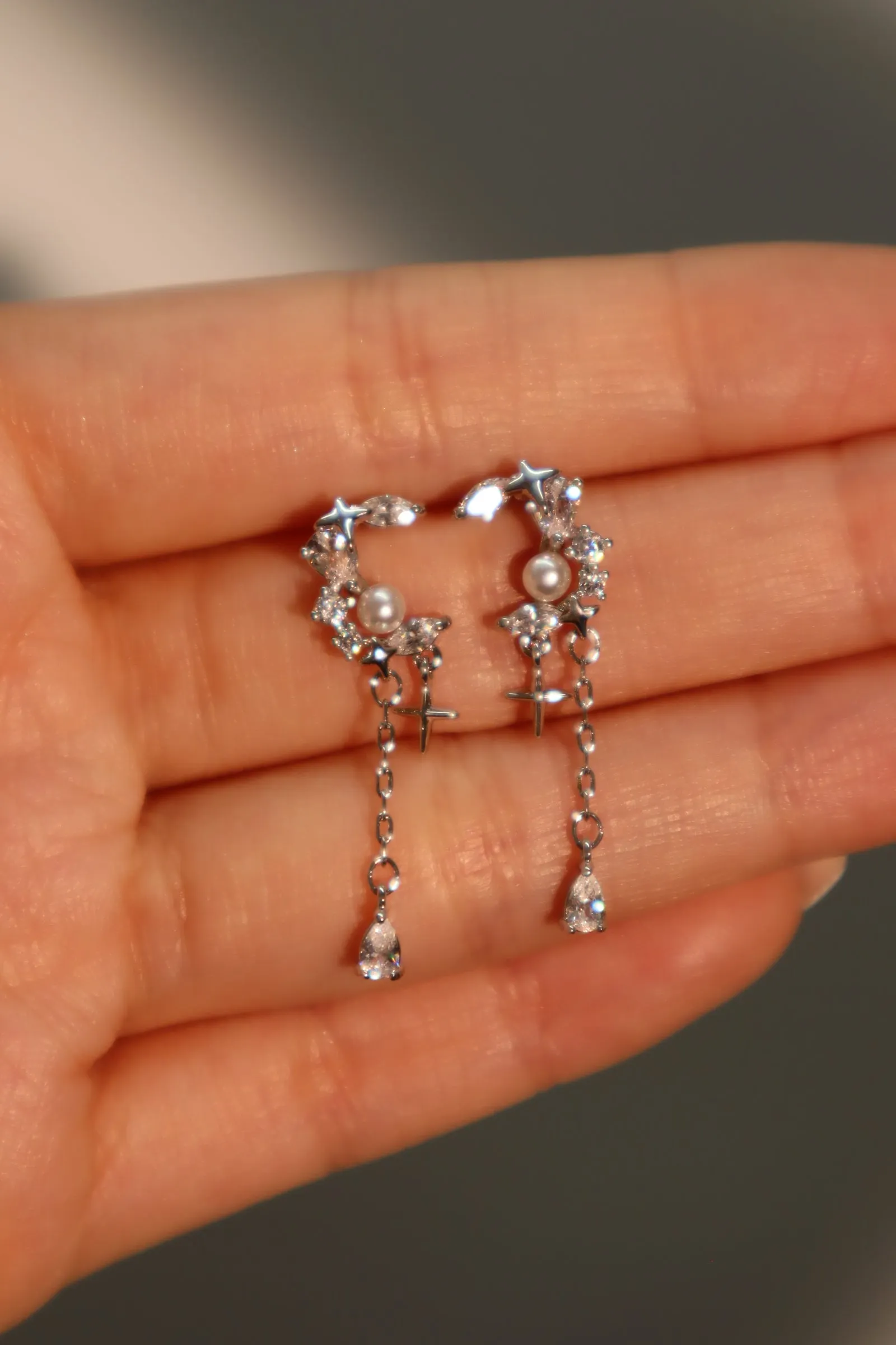 Platinum Plated Diamond Pearl Moon Star Earrings