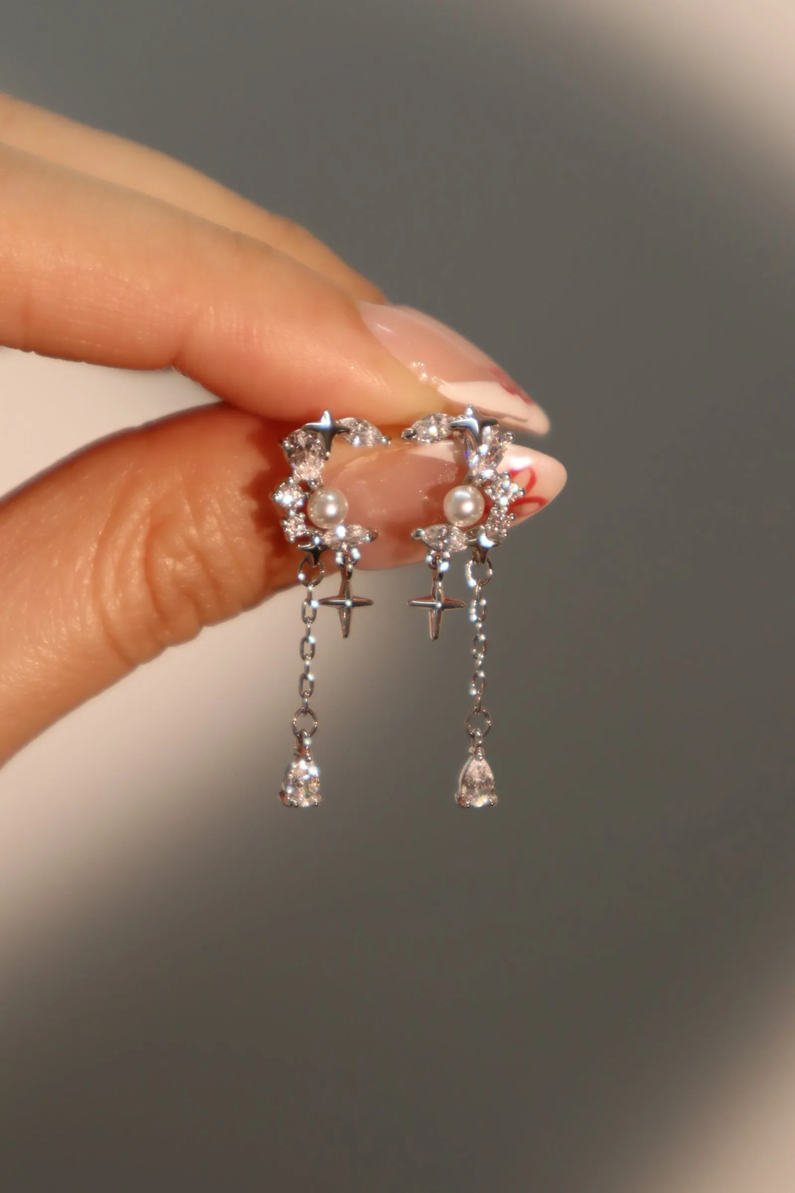 Platinum Plated Diamond Pearl Moon Star Earrings