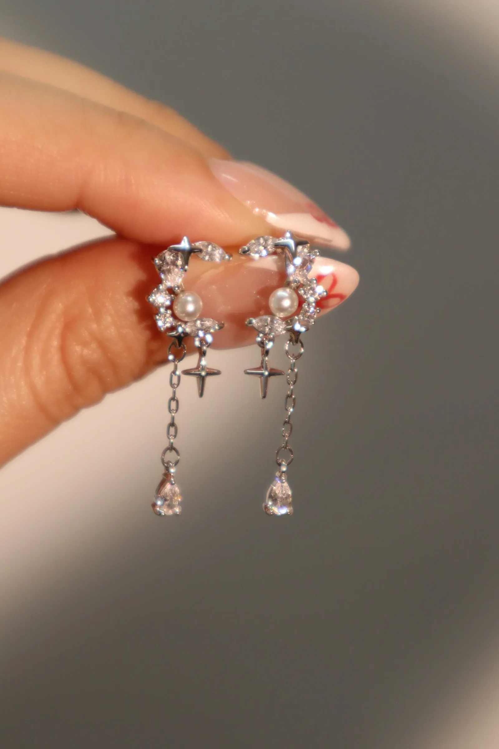 Platinum Plated Diamond Pearl Moon Star Earrings