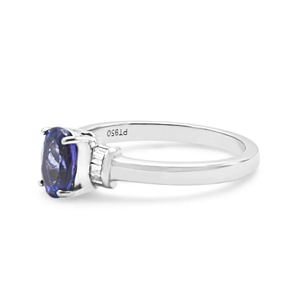 Platinum Tanzanite Ring With Baguette Diamond Set Shoulders