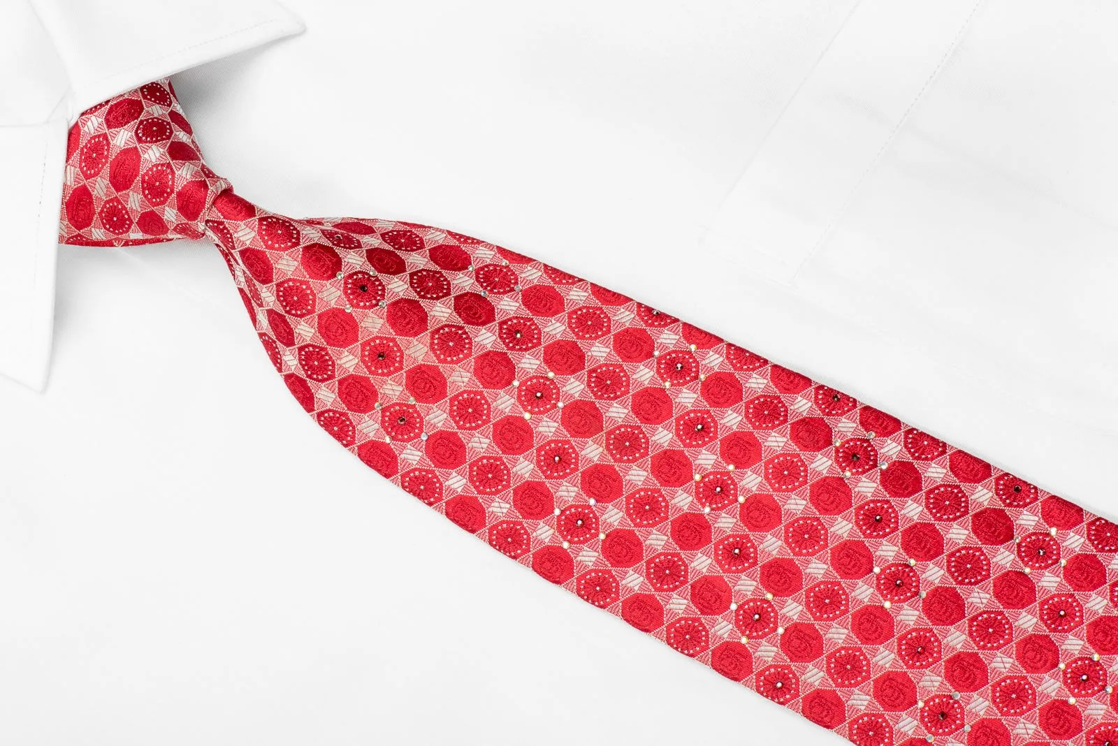 Renoma Men's Crystal Silk Necktie Red Silver Geometric With Silver Sparkles