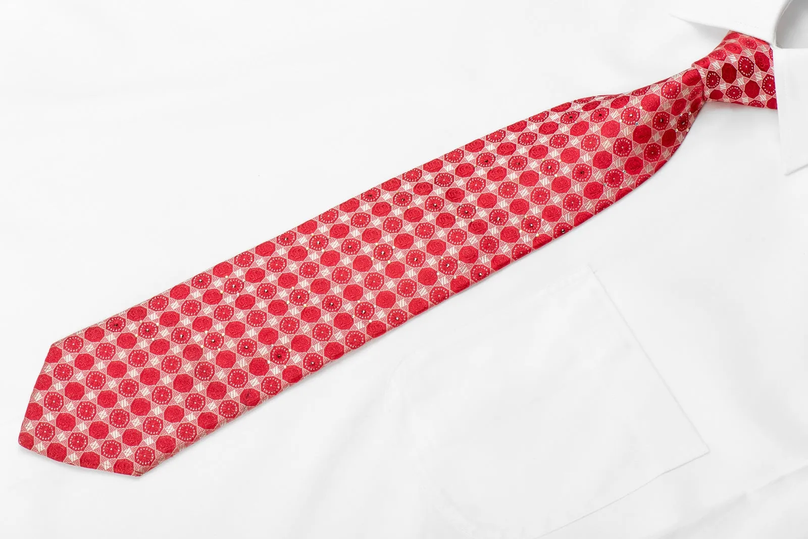 Renoma Men's Crystal Silk Necktie Red Silver Geometric With Silver Sparkles
