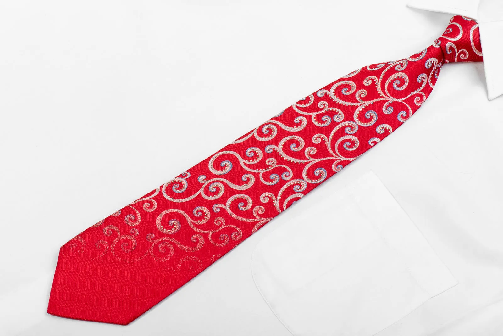 Renoma Men's Rhinestone Silk Necktie Silver Scrolls On Red With Silver Sparkles