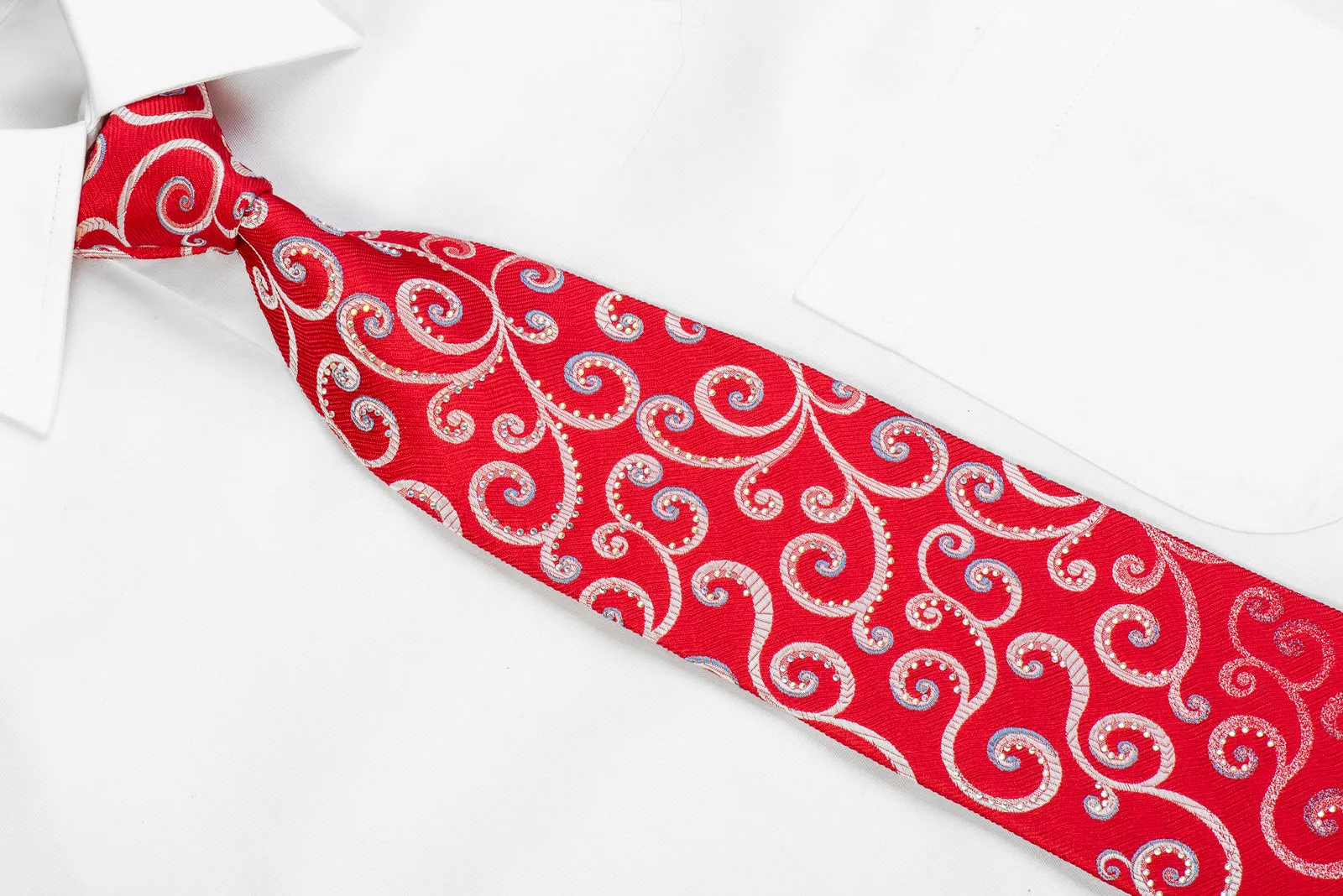 Renoma Men's Rhinestone Silk Necktie Silver Scrolls On Red With Silver Sparkles