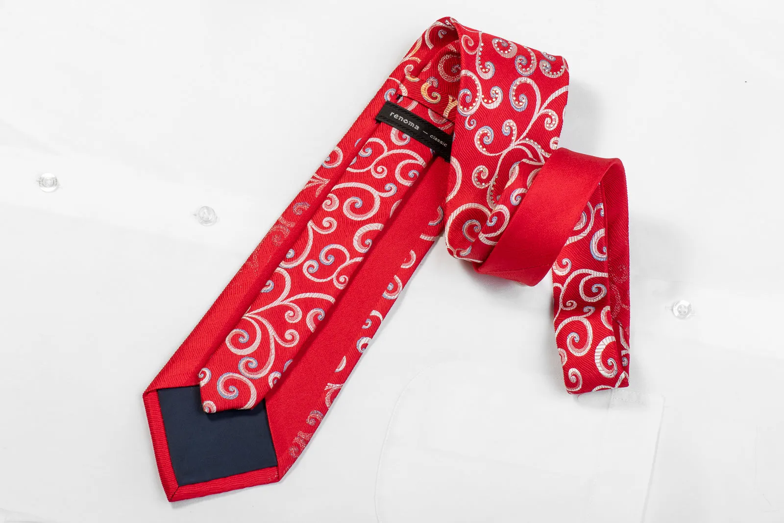Renoma Men's Rhinestone Silk Necktie Silver Scrolls On Red With Silver Sparkles