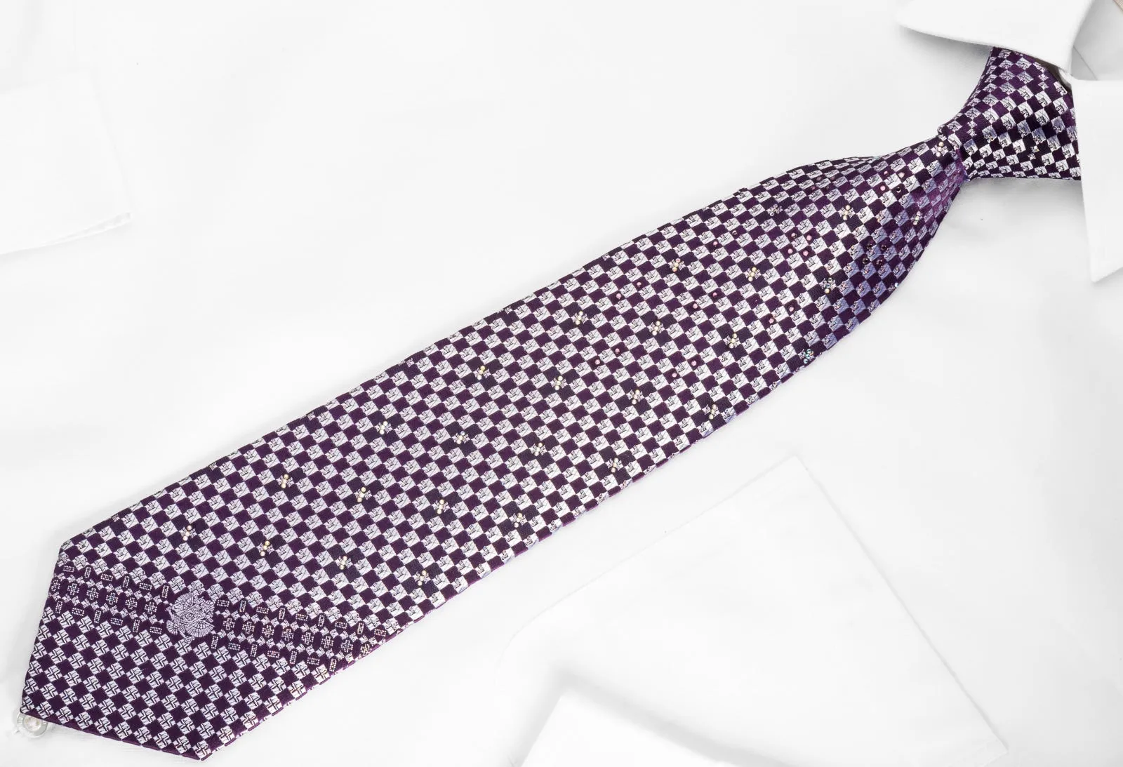 Renoma Rhinestone Silk Necktie Silver Purple Checked With Silver Sparkles