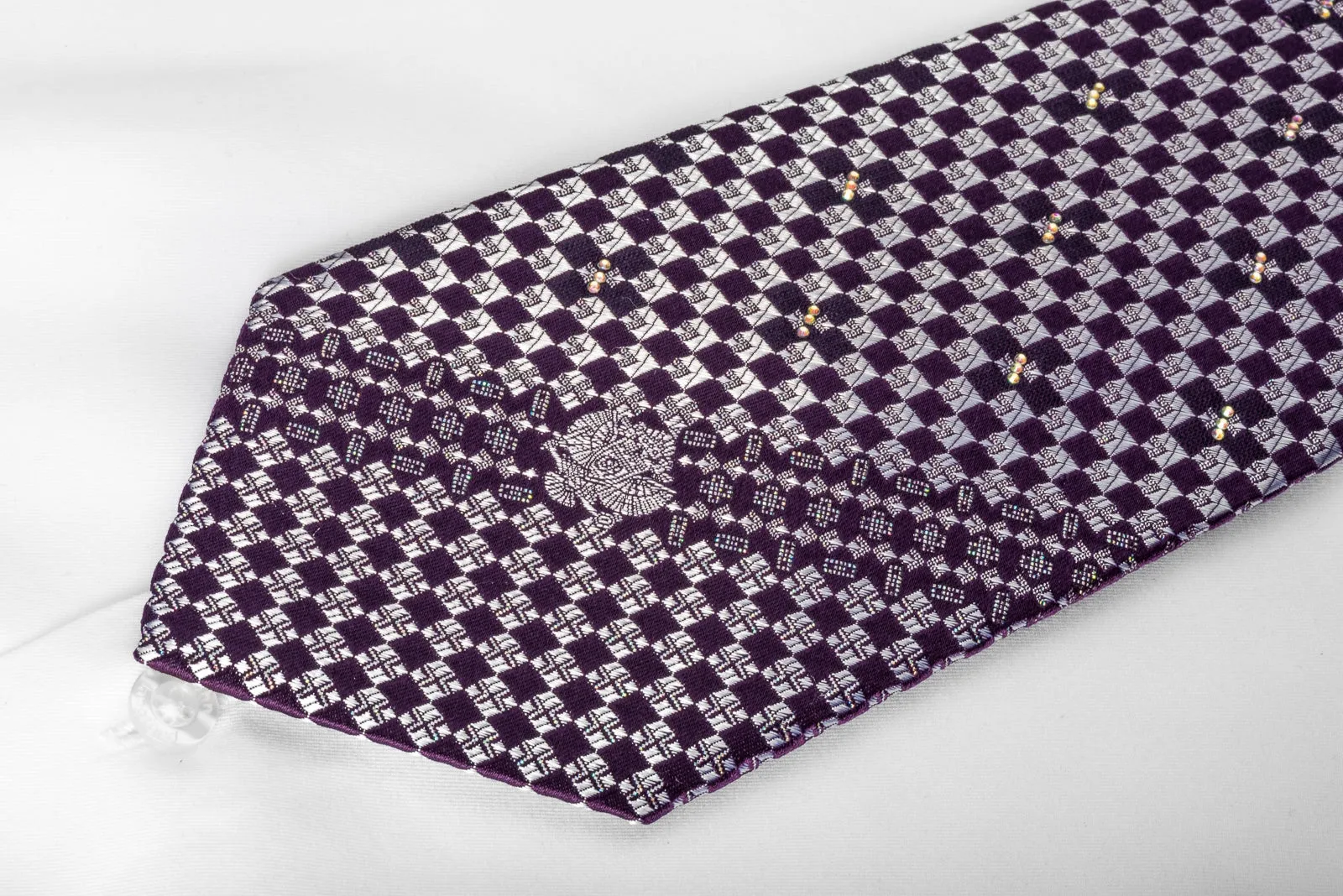 Renoma Rhinestone Silk Necktie Silver Purple Checked With Silver Sparkles