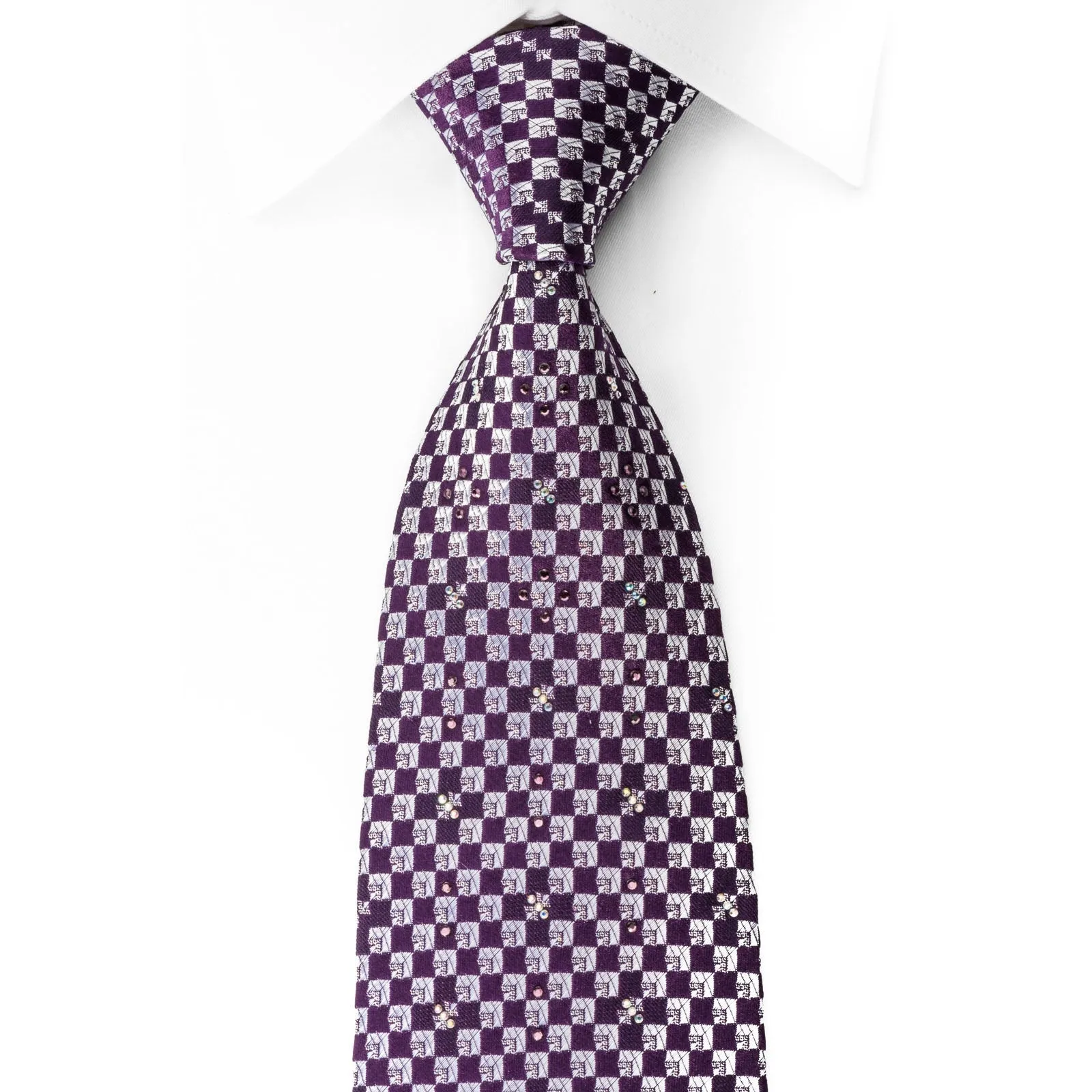 Renoma Rhinestone Silk Necktie Silver Purple Checked With Silver Sparkles