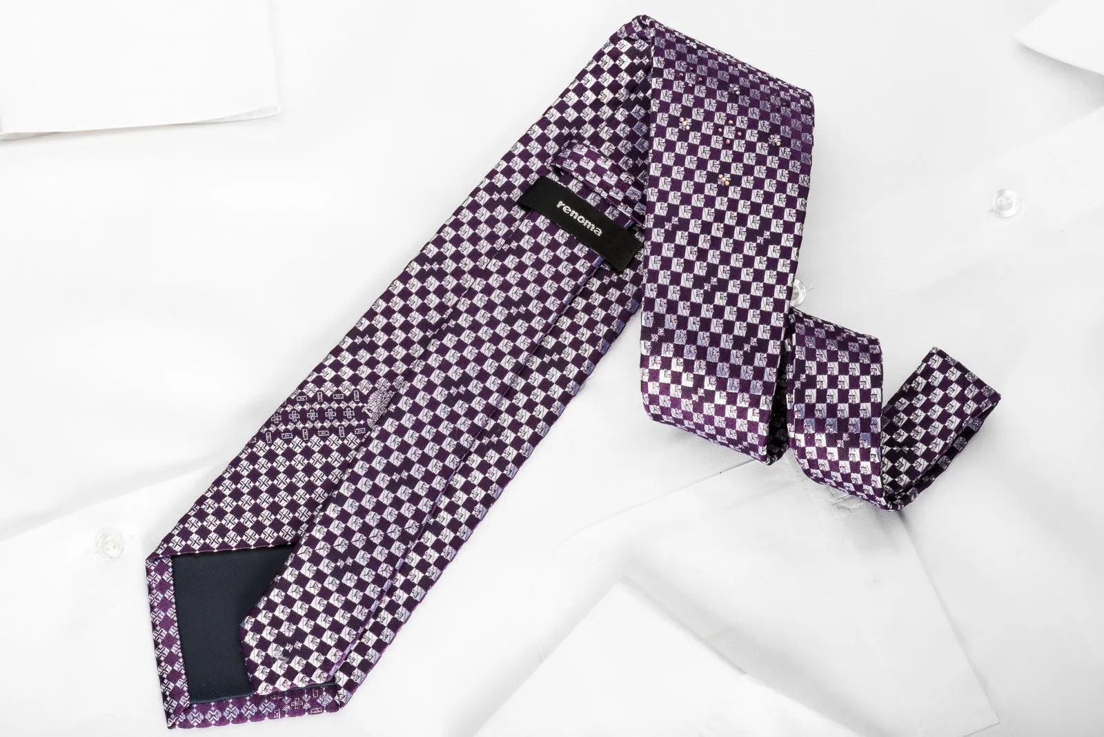 Renoma Rhinestone Silk Necktie Silver Purple Checked With Silver Sparkles