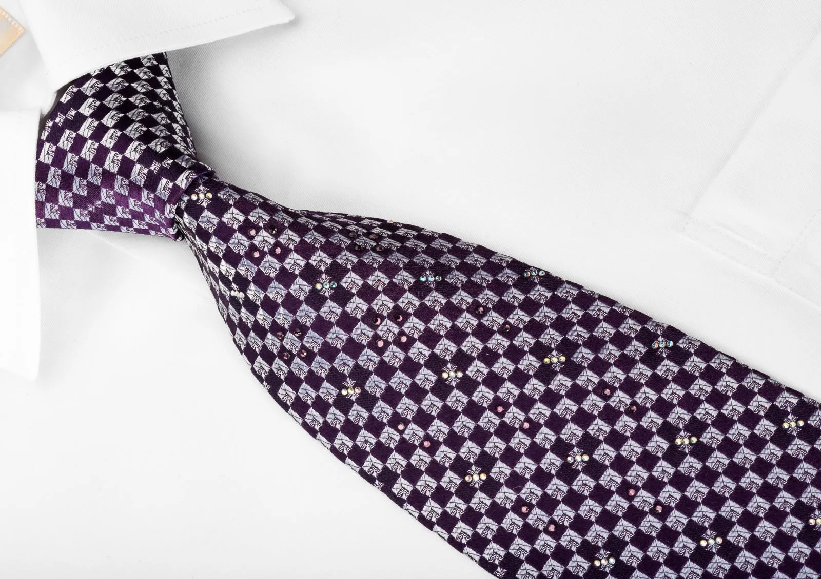 Renoma Rhinestone Silk Necktie Silver Purple Checked With Silver Sparkles