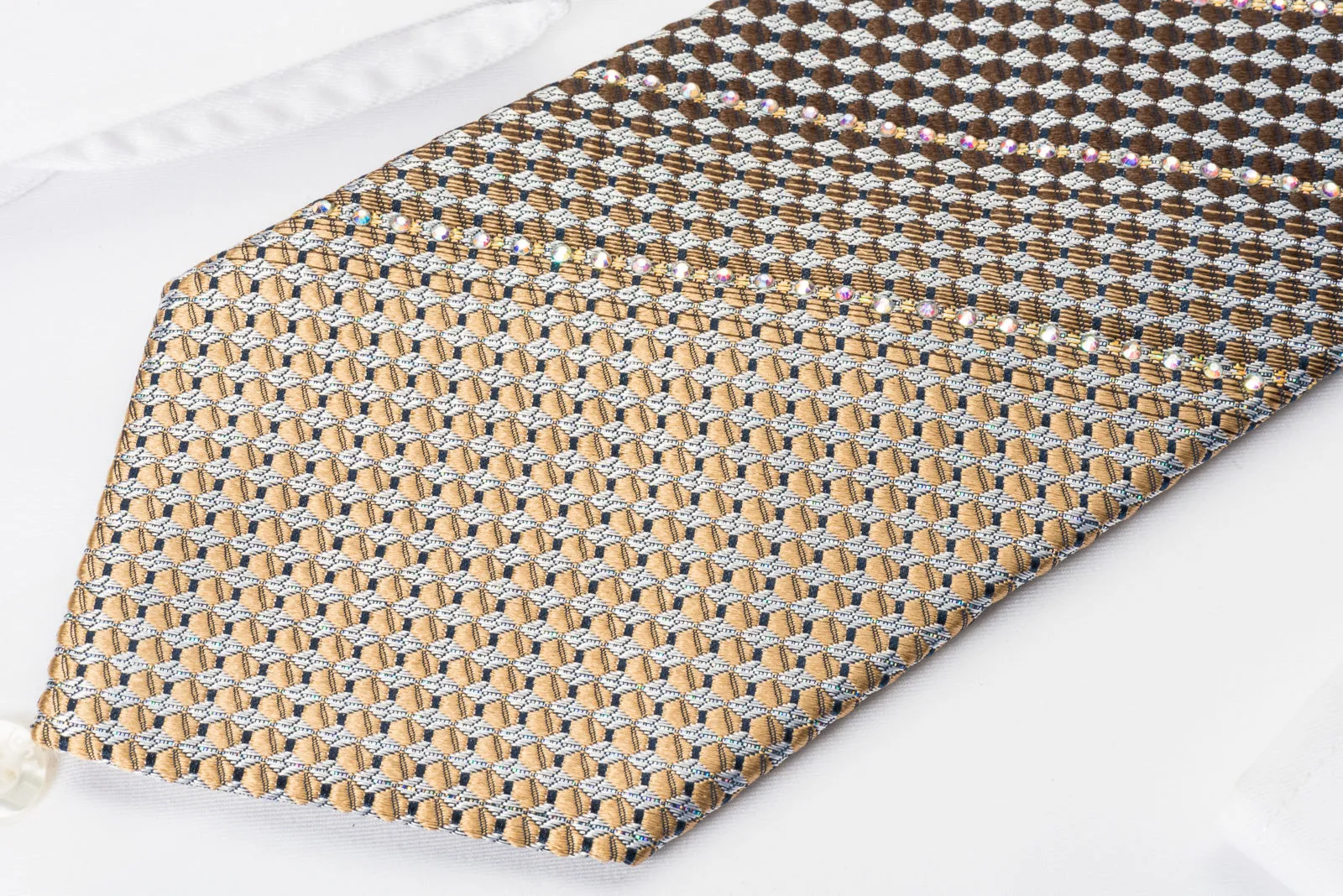 Roberta di Camerino Silk Rhinestone Necktie Silver Brown Black Checker With Silver Sparkles