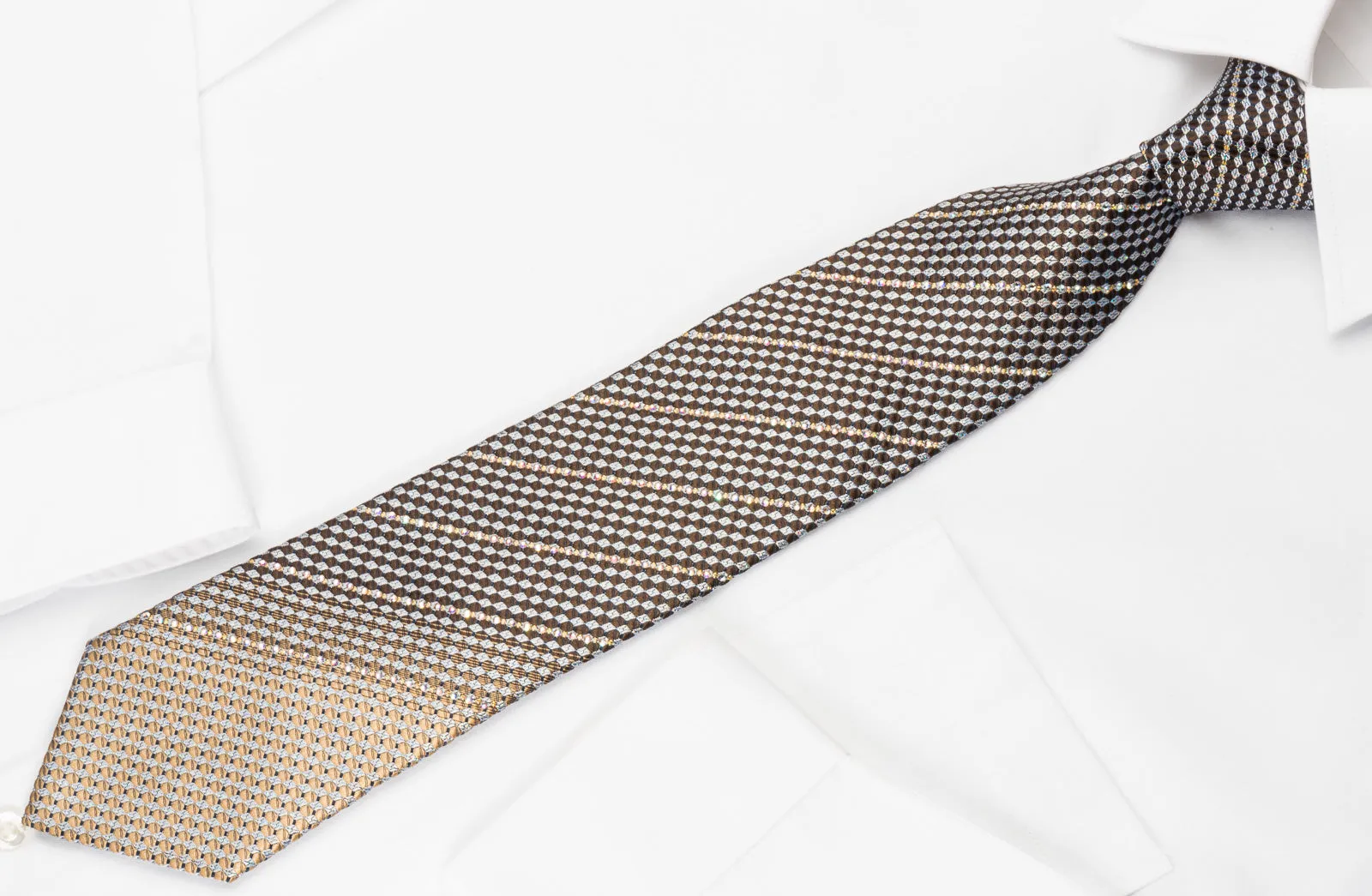 Roberta di Camerino Silk Rhinestone Necktie Silver Brown Black Checker With Silver Sparkles