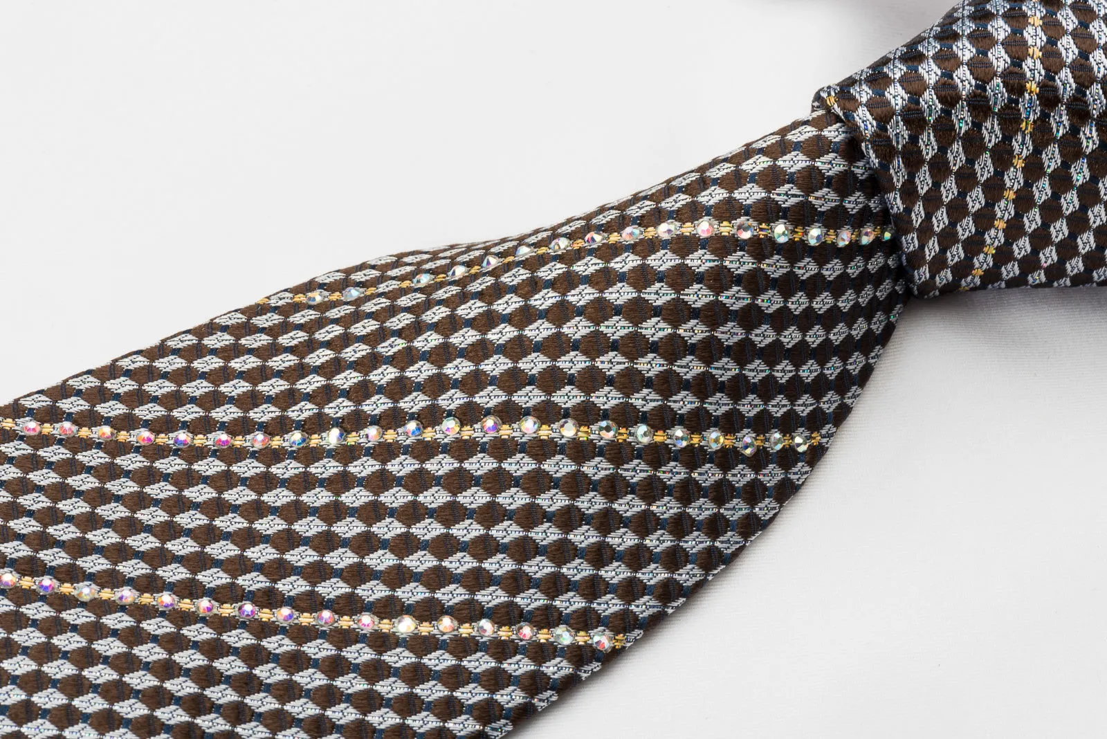 Roberta di Camerino Silk Rhinestone Necktie Silver Brown Black Checker With Silver Sparkles