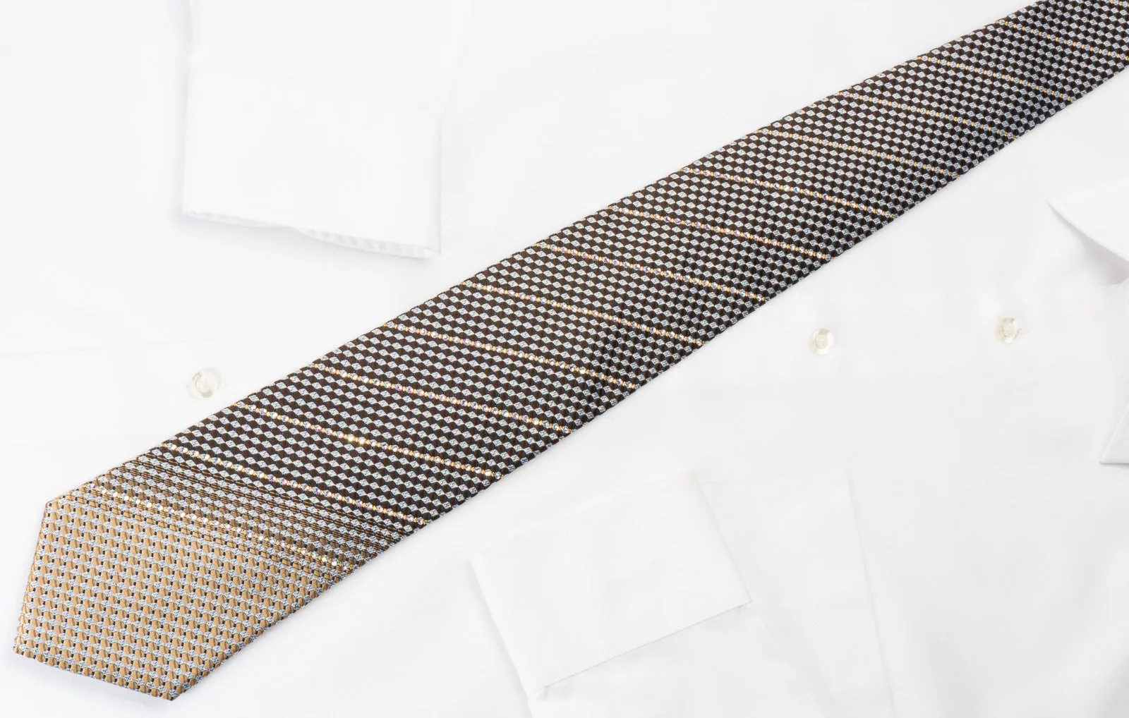 Roberta di Camerino Silk Rhinestone Necktie Silver Brown Black Checker With Silver Sparkles