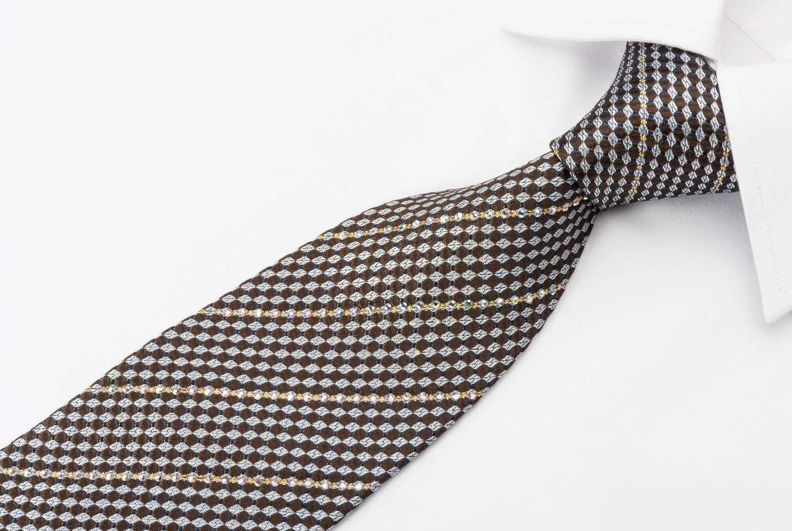 Roberta di Camerino Silk Rhinestone Necktie Silver Brown Black Checker With Silver Sparkles