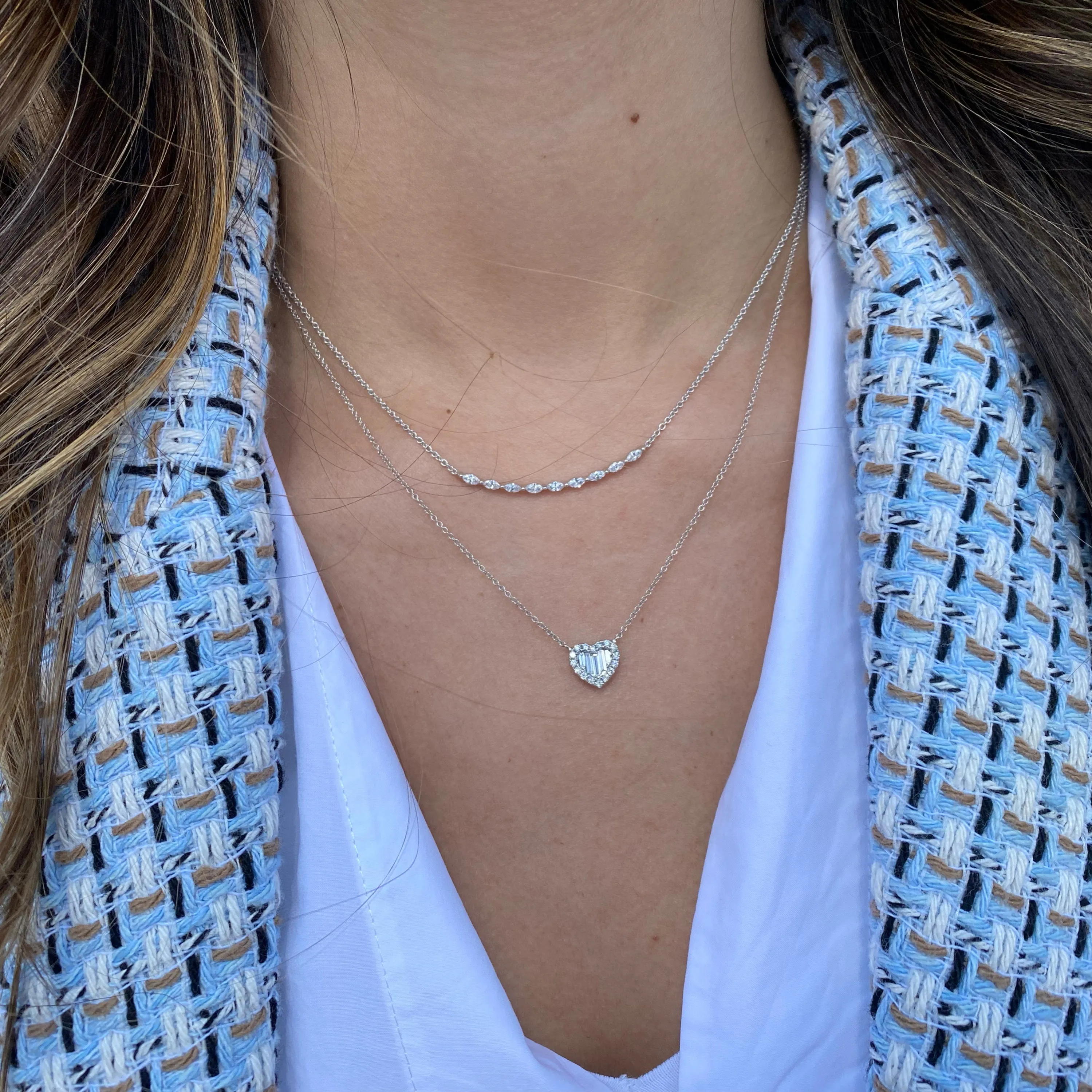 Round & Baguette Diamond Heart Pendant Necklace