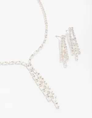 Silver Cubic Zirconia Cupchain Tassel Earring & Necklace Set