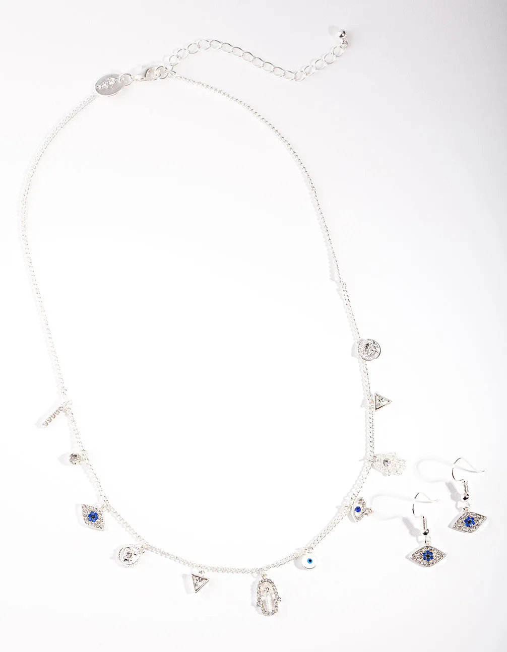Silver Evil Eye Charm Necklace Earrings Set