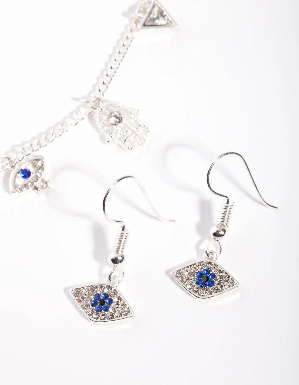 Silver Evil Eye Charm Necklace Earrings Set