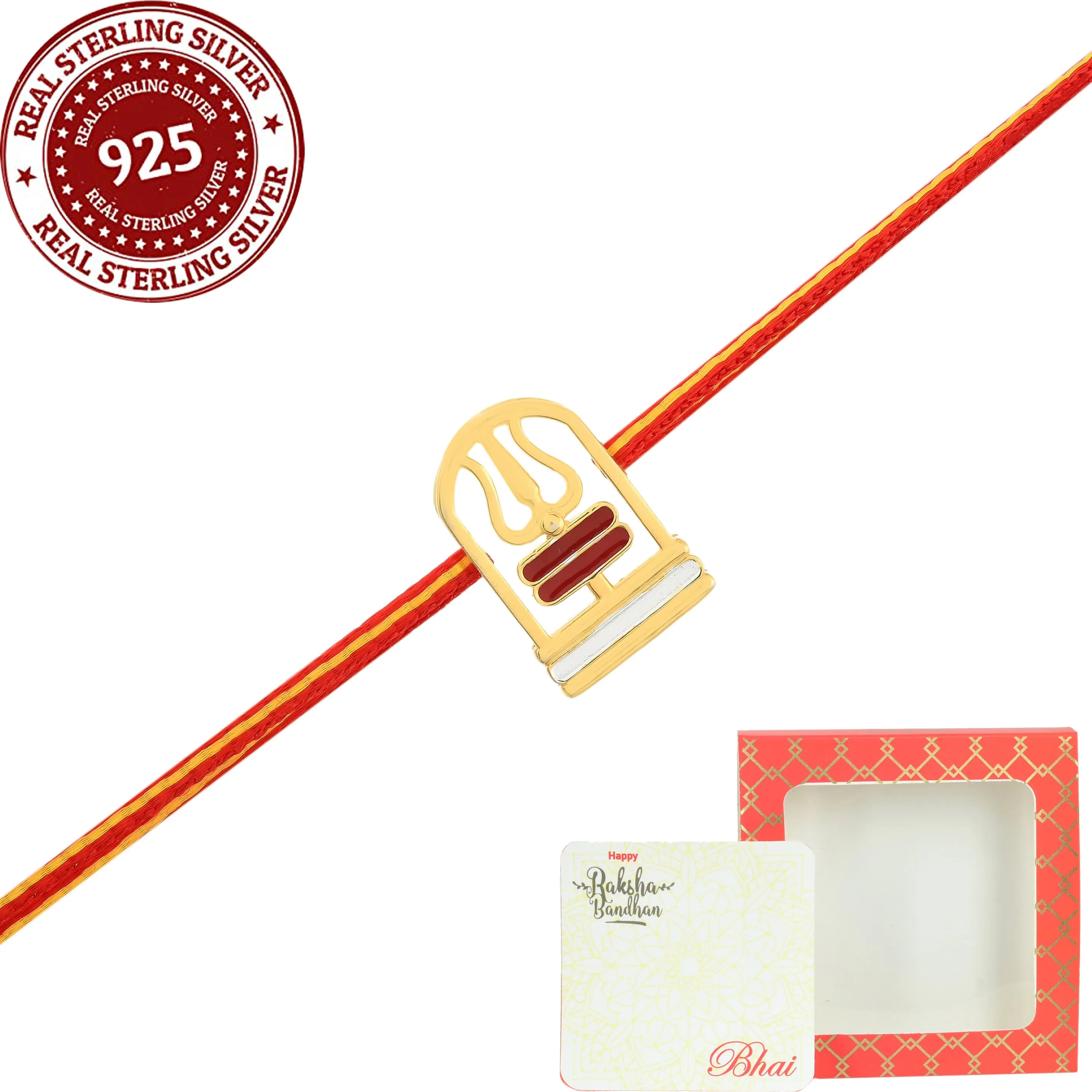 Silver with 22 kt gold Shiv trishul Silver rakhi for brother. 3-In-1 Silver rakhi /bracelet/pendant for Men and women with Roli chawal set.