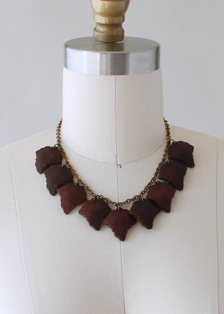 Vintage 1940s Carved Wooden Leaves and Brass Necklace